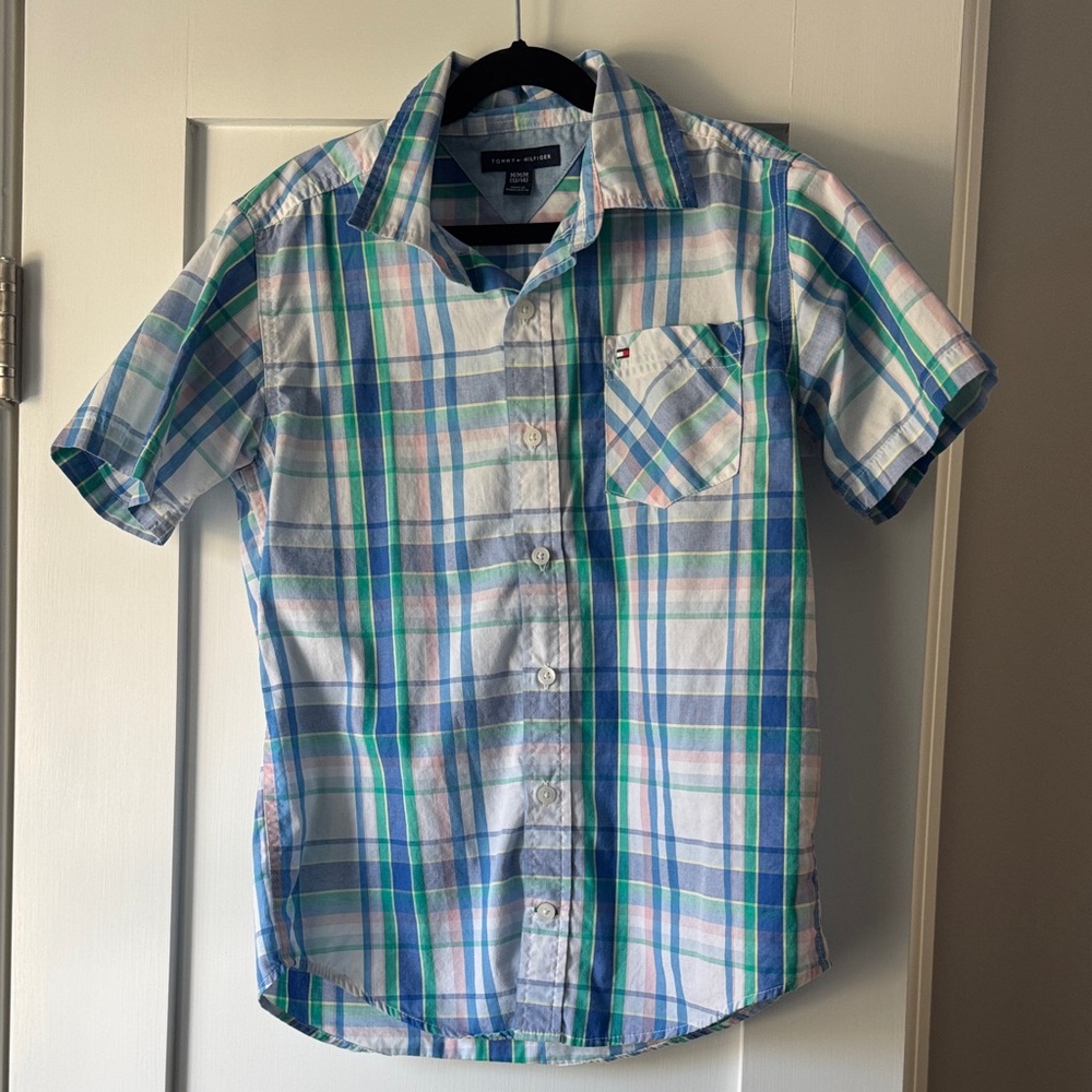 Tommy Hilfiger White, Blue & Green Plaid Short-Sleeve Button-Down Shirt